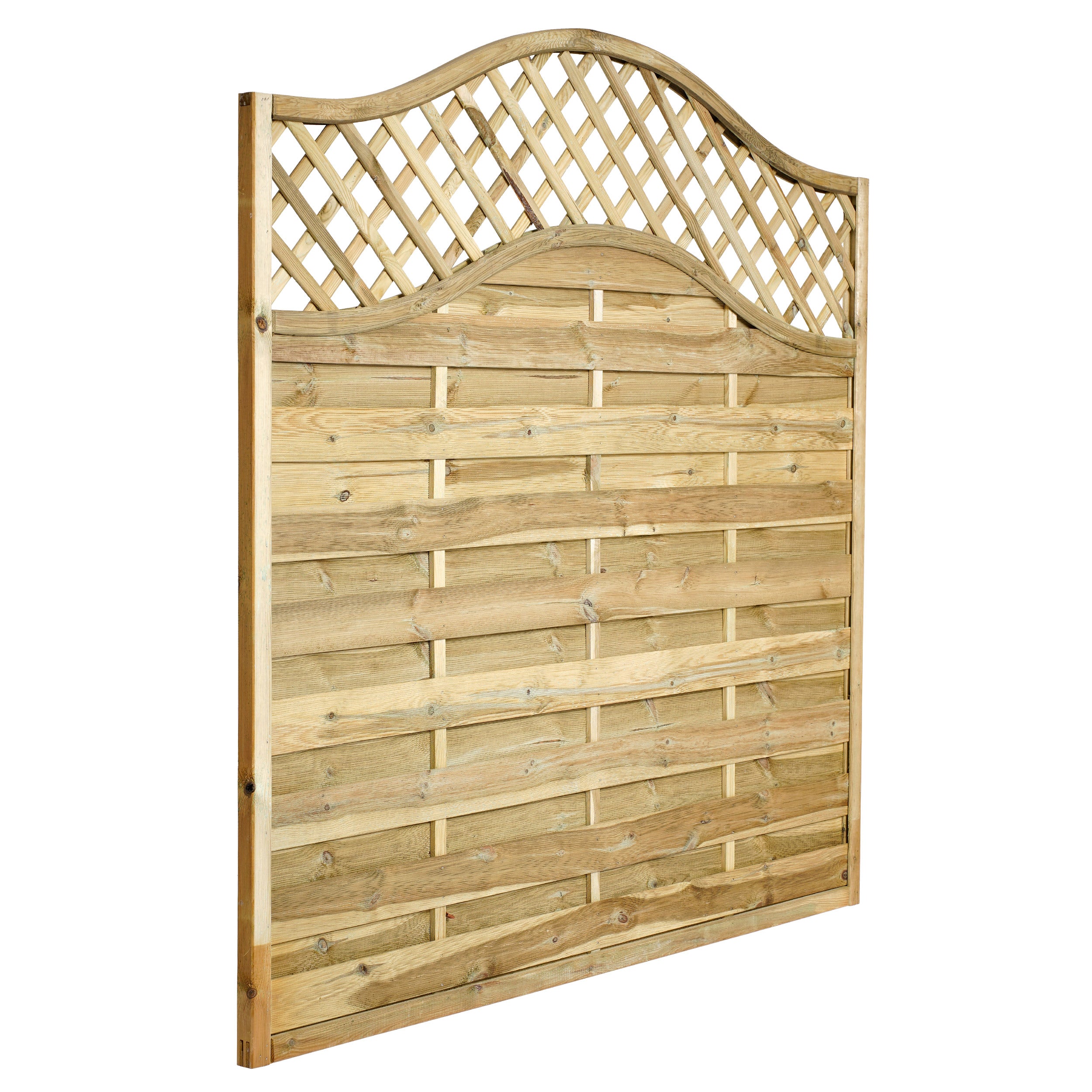 45 degree angle of 1.82 x 1.6m – 1.8m Omega Lattice Top Fence Panel - Pressure Treated Green