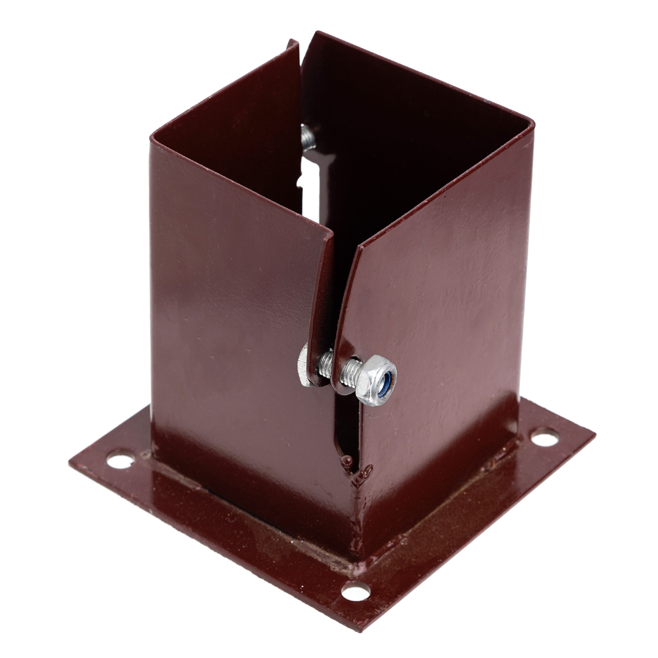 Burgundy coloured Bolt Down Post Anchor with silver bolts  and nut at two corners