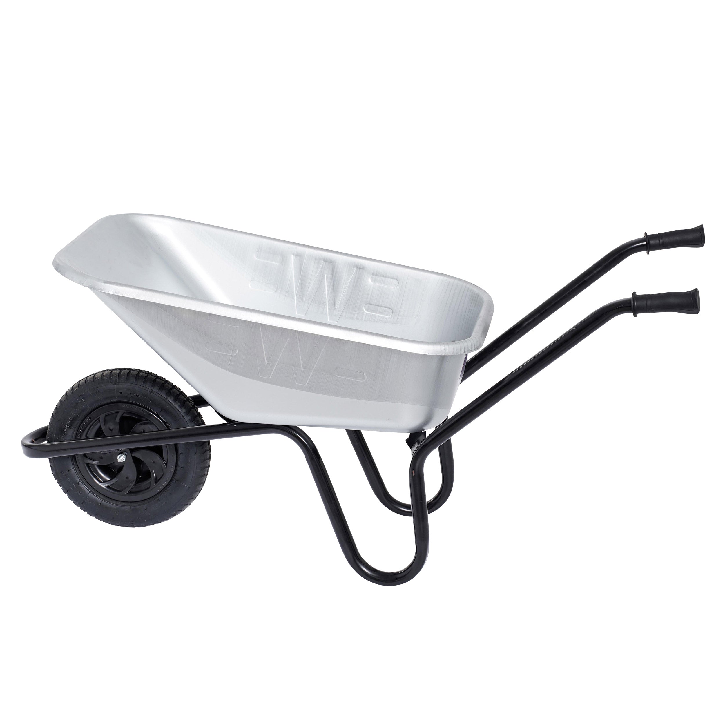 Side/top image of Invincible Galvanised Wheelbarrow, silver body with black tyre and frame