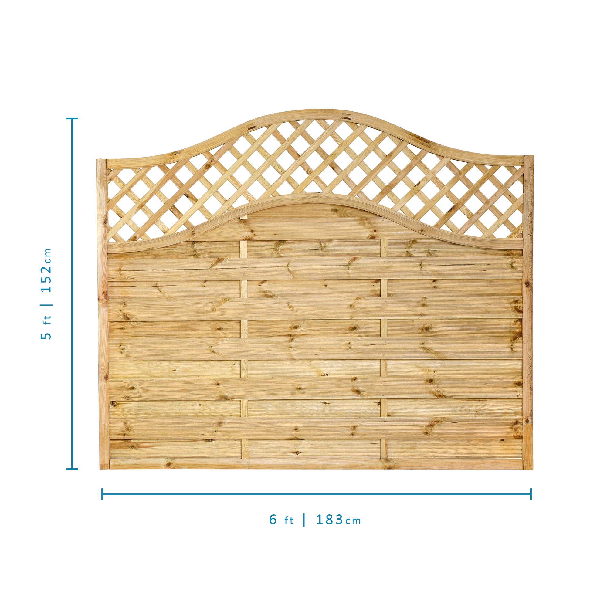 Measurements of 1.82 x 1.3m – 1.5m Omega Lattice Top Fence Panel - Pressure Treated Green