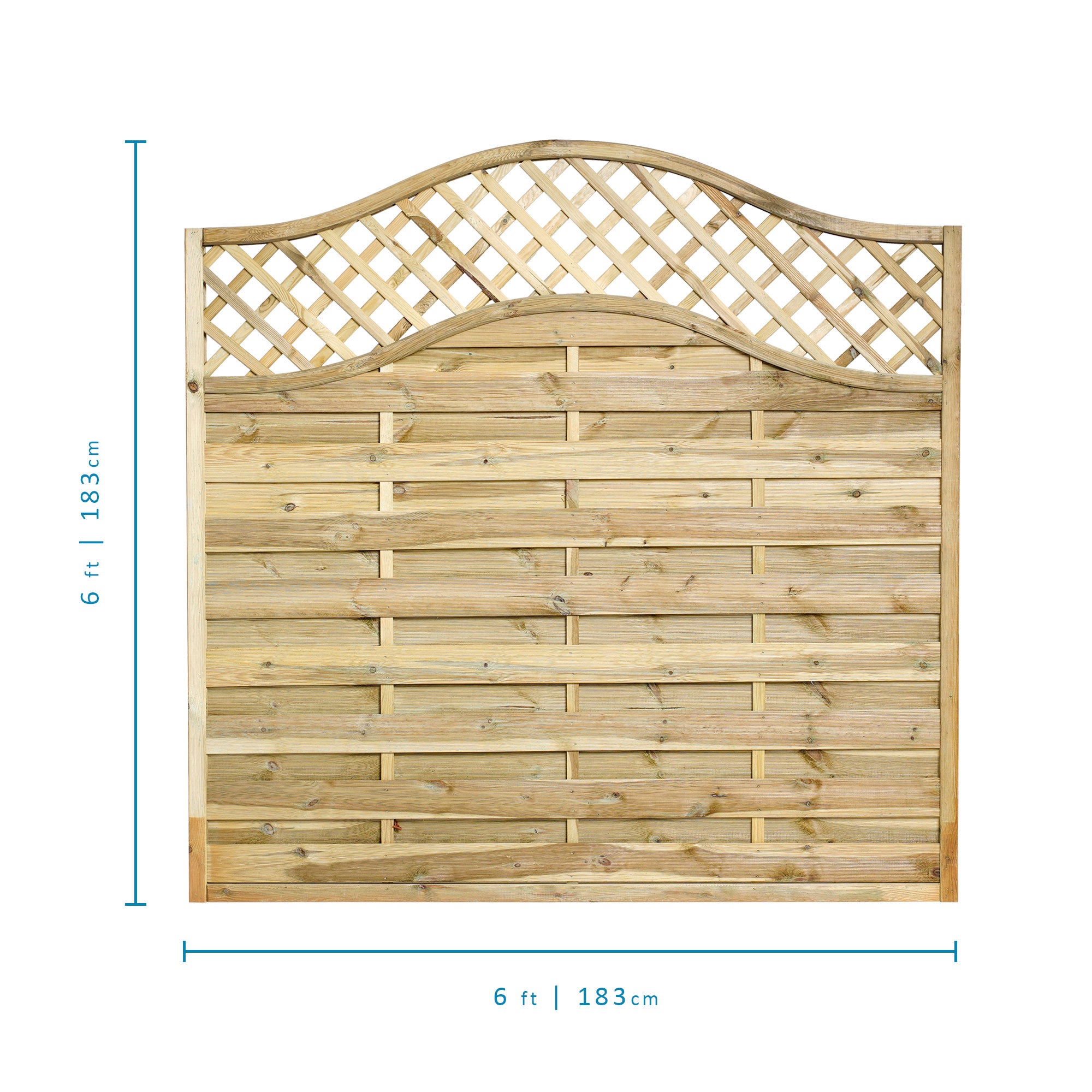 Measurements of 1.8288m x 1.6m – 1.8m  Omega Lattice Top Fence Panel - Pressure Treated Green